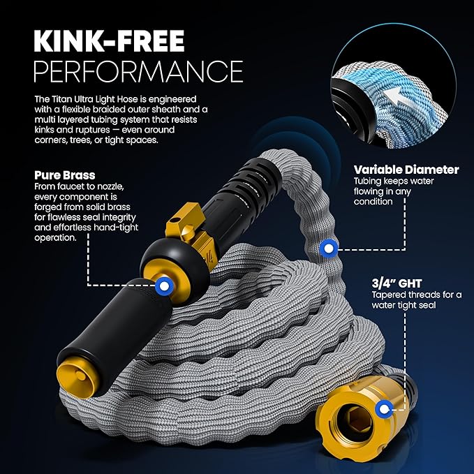 TITAN Flexible Garden Hose 65FT – Ultra Lightweight, Heavy Duty Water Hose with Brass Fittings & Jet Nozzle – Kink-Free, Non-Expanding, Durable Fabric Hose for Yard, Lawn, Car Wash, Outdoor Use