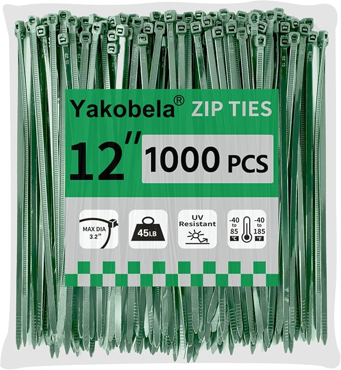 Green Zip Ties 12", 1000 Pack, Cable Ties UV Resistant, Wire Ties 45 lbs Tensile Strength for Garden, Plants, Fence, Holiday Lights, Yakobela