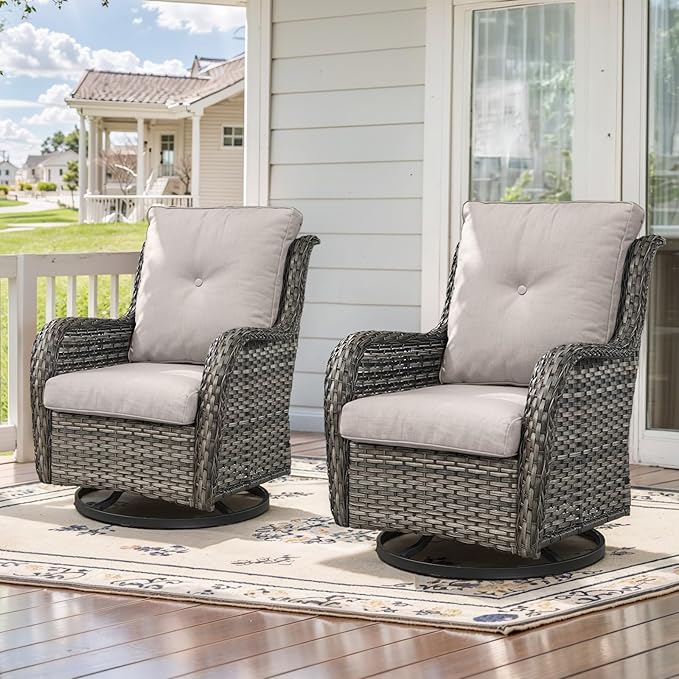 Outdoor Swivel Rcoker Patio Chairs - Outdoor Swivel Patio Chairs Set of 2 Wicker Chair Patio Furniture Sets with Covered Cushion for Porch Deck Balcony Garden, Beige