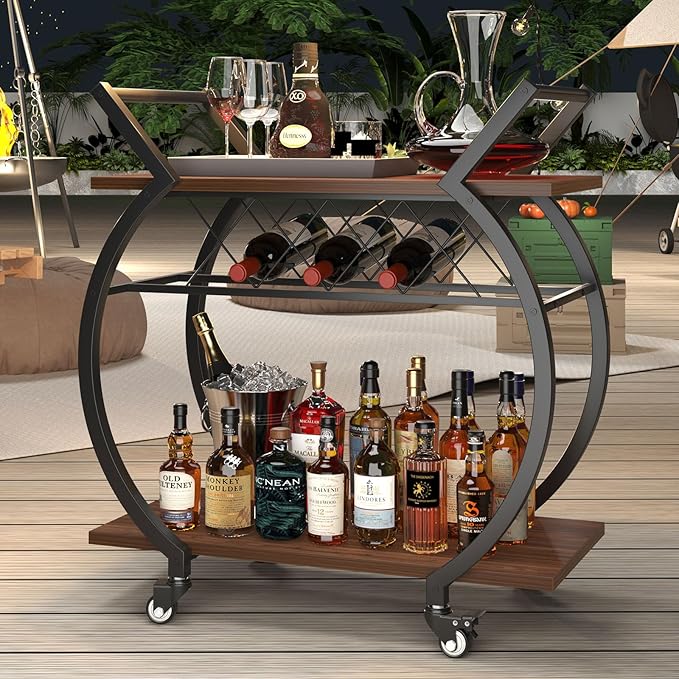 LVB Modern Gold Bar Cart, Industrial Rolling Serving Wine Cart with Wine Rack, Coffee Liquor Drink Cart with Storage and Wheels, Wood and Metal Kitchen Microwave Beverage Cart for Home, Walnut