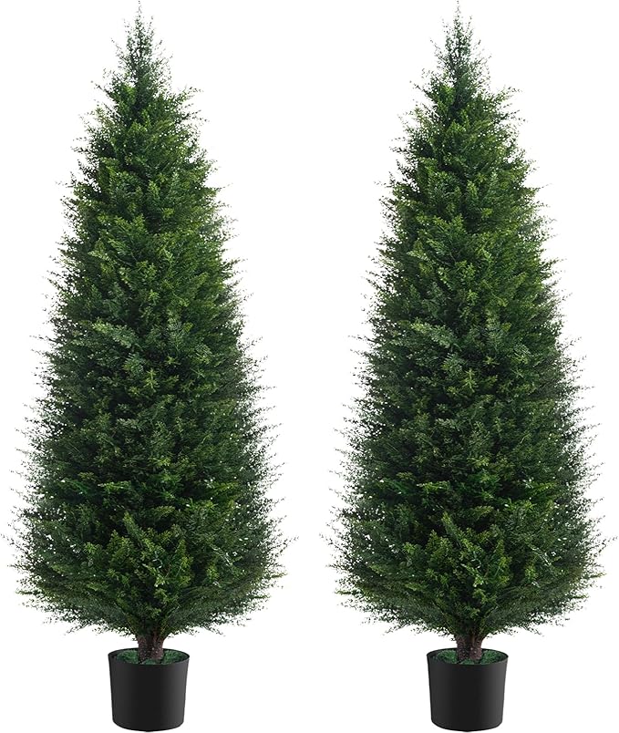 Two 4ft Artificial Plants Topairy Faux Cedar Trees for Outdoor Planters, 48IN Tall Fake Pine Bushes UV Resistant Large Potted Shrubs for Front Porch Décor