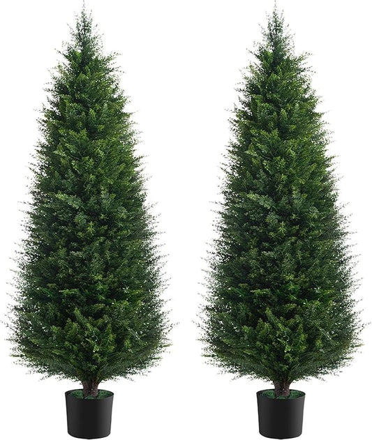 Two 4ft Artificial Plants Topairy Faux Cedar Trees for Outdoor Planters, 48IN Tall Fake Pine Bushes UV Resistant Large Potted Shrubs for Front Porch Décor