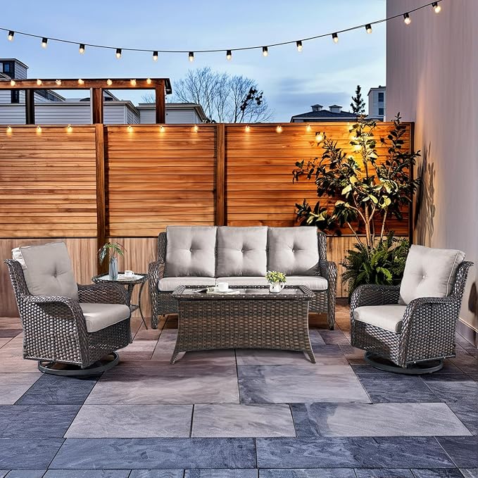 HUMMUH Wicker Patio Furniture Set with Outdoor Swivel Rocker Patio Chairs,High Back Outdoor Couch and Table 5 Pieces Outdoor Furniture for Porch Garden Deck