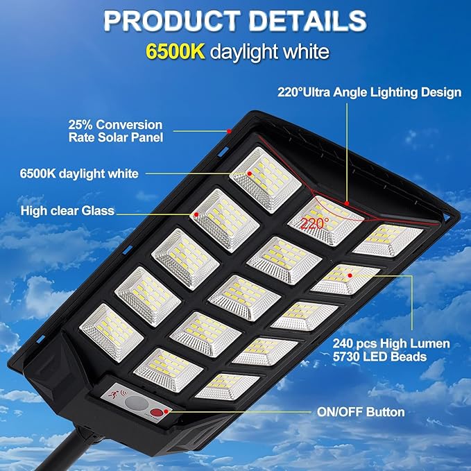 Solar Lights Outdoor,IP66 Waterproof Solar Street Lights with Motion Sensor & Remote,6500K Dusk to Dawn Street Lamps for Parking Lot/Yard/Garden