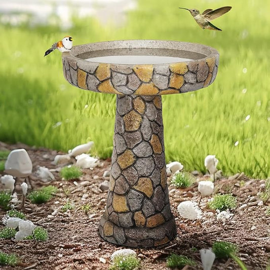 watnature Stone Like Outdoor Bird Bath - Concrete Freestanding Patio Birdbath with Pedestal for Garden, Patio, Yard, Lawn - 18.8”L X 18.8”W X 24”H Rustic Faux Stone Pedestal Outdoor Garden Birdbaths