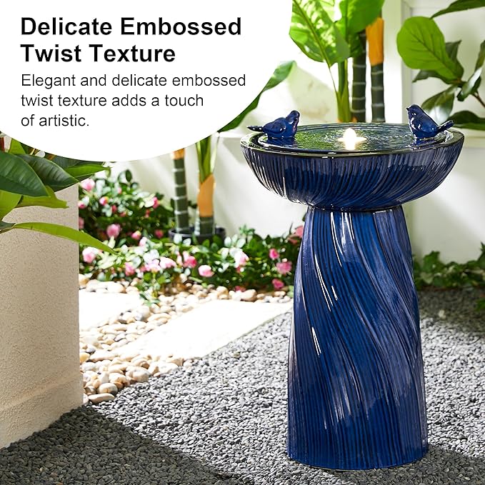Glitzhome 24.75" H Outdoor Water Fountain with LED Light, Cobalt Blue Two Birds Twist Textured Floor-Standing Fountains, Ceramic Embossed Pattern Pedestal Water Fountain for Yard Patio Backyard