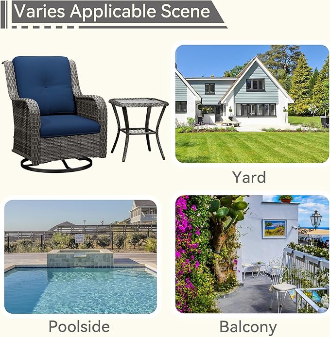 2 Pieces Outdoor Swivel Rocker Patio Chairs Set - Outdoor Wicker Patio Conversation Sets with 1 Side Table, Olefin Fabric Cushions Suitable for Backyard Deck and Porch, Blue