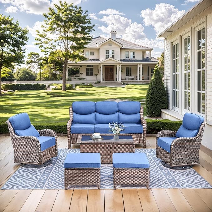 HUMMUH Wicker Patio Furniture Set 6 Inch Thick Cushion Outdoor Swivel Rocker Patio Chairs with Deep Seat Sofa 6PCS Outdoor Furniture Set for Porch Garden Deck