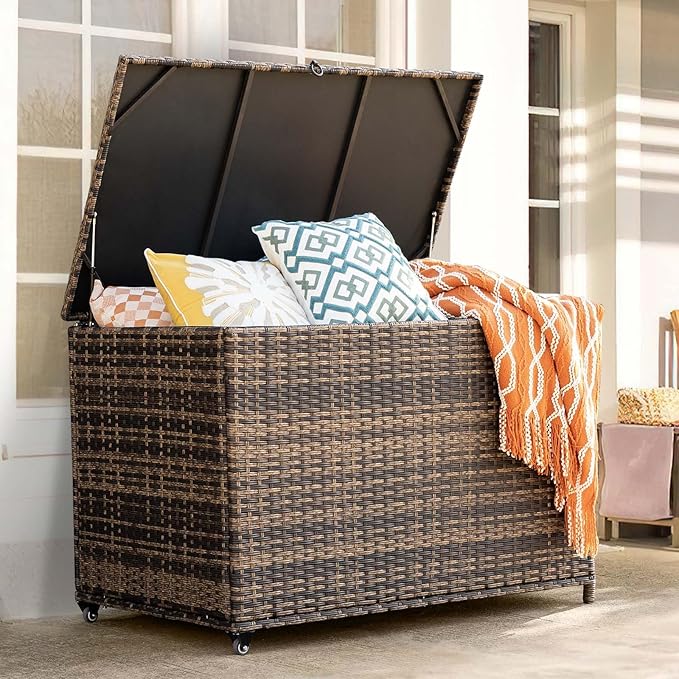 178 Gallon Outdoor Storage Box, Handle Large Portable Wicker Rattan Deck Box for Patio Furniture Cushions, Patio Deck Box with 2 WheelsThrow Pillows, Garden Tools and Pool Floats (Brown)