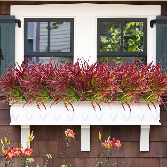 Uieke 28 Bundles Artificial Outdoor Plants UV Resistant Fake Grass Plants Faux Plastic Plants Greenery Shrubs for Home Garden Pathway Window Box Front Porch Summer Fall Decor, Deep Red
