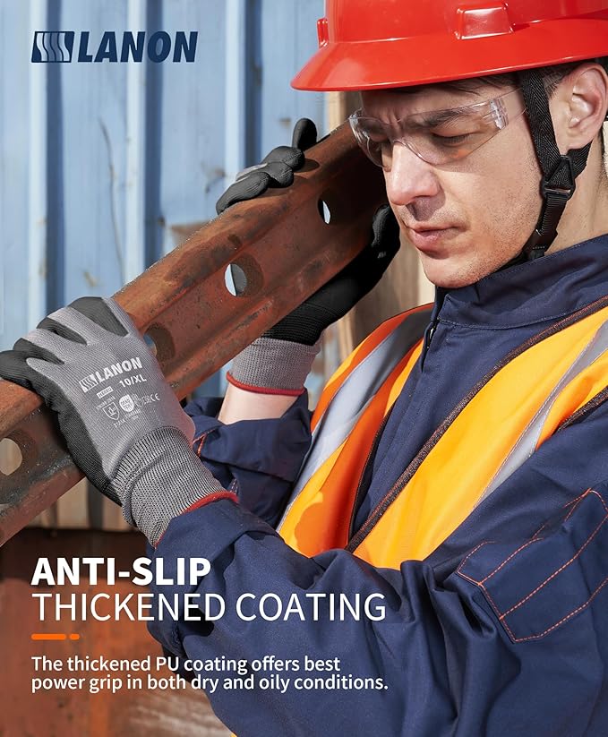 LANON 18 Pairs Safety Work Gloves, Mechanic Working Gloves for Men,Breathable PU Coated, Seamless Knit,Double Wash, Grey, XXL