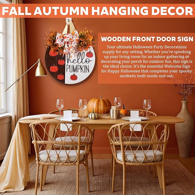 3D Hello Pumpkin Wooden Sign, Fall Outdoor Wreath for Front Door with Bow & Wreath | Fall Autumn Harvest Farmhouse Hanging Decor | Indoor Outdoor Porch, Wall, Home Decor