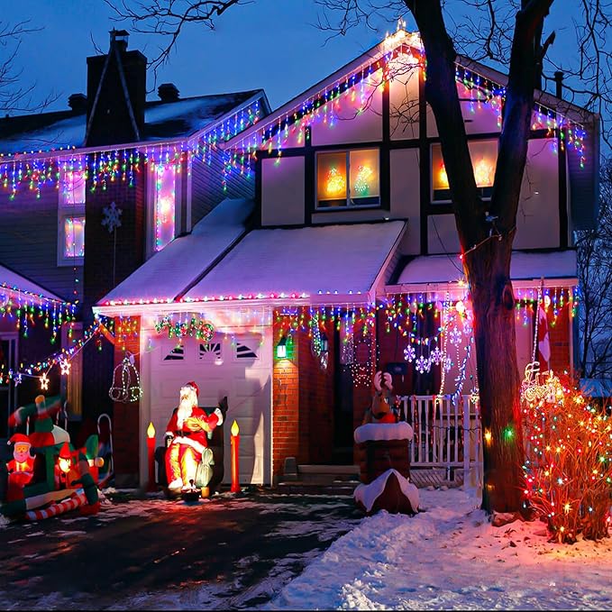 Icicle lights Outdoor - 33ft Christmas Lights with 400LED 75 Drops 8 Modes, Plug in Curtain String Lights Waterproof for Holiday Wedding Party Home Garden Bedroom Indoor Outdoor Decoration, Multicolor