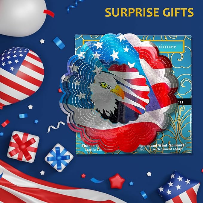 Wind Spinner - American Flag Eagle Wind Spinners, Hanging Wind Sculptures, 12in 3D Metal Birds Wind Catcher, Outdoor Garden Decor Yard Art Patriotic Decoration Eagle Gifts for Men Women