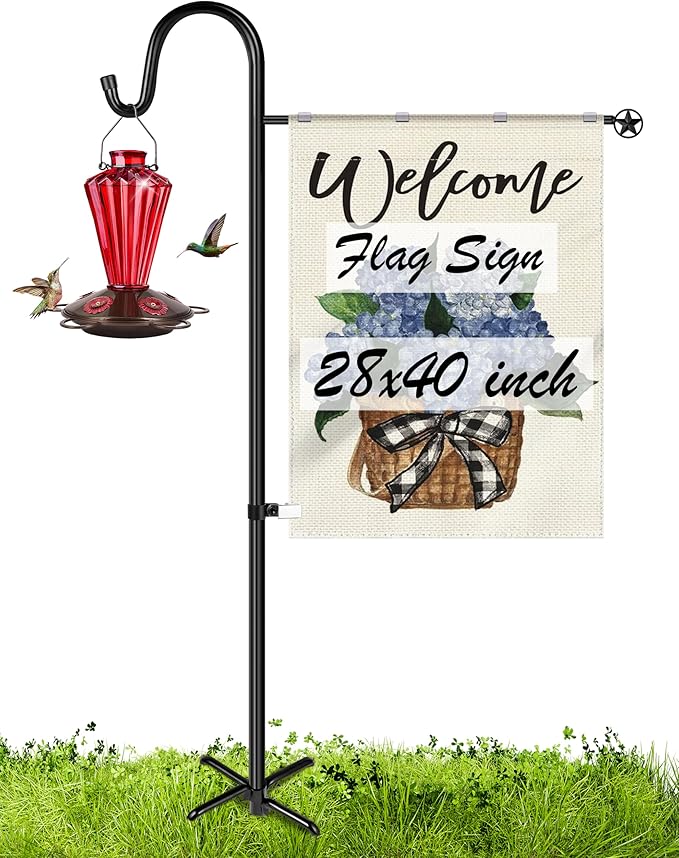 XDW-GIFTS Upgraded Garden Flag Holder Stand with Shepherd Hook for 28'' x 40'' Flags 60 in Heavy Duty Yard Flag Post Stake with 2 Spring Stoppers and 1 Clip for Outside (Without Solar Lights & Flag)
