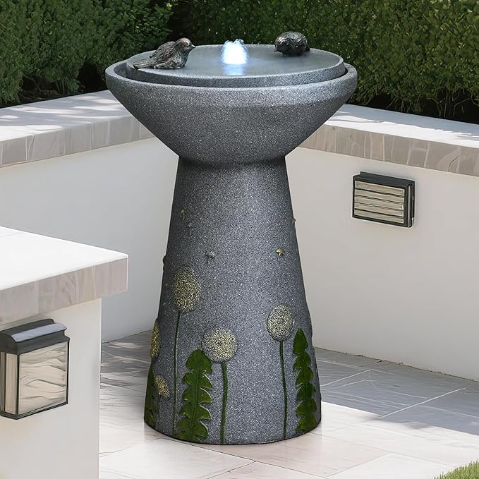 30.7" Outdoor Garden Floor-Standing Water Fountain with LED Light and Pump, Two Birds Embossed Pattern Pedestal Ceramic Watefall for Patio, Backyard, Deck, Porch and Home Art Decor