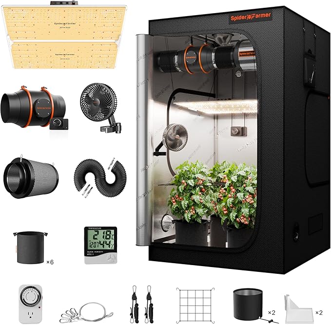 Spider Farmer Grow Tent Kit Complete 4x4ft SF4000 Dimmable Samsung LM301H EVO LED Diodes, 450W Complete System 4x4x6.6 Grow Tent Set 48"x48"x80" with 6" Ventilation System & 6'' Clip Fan