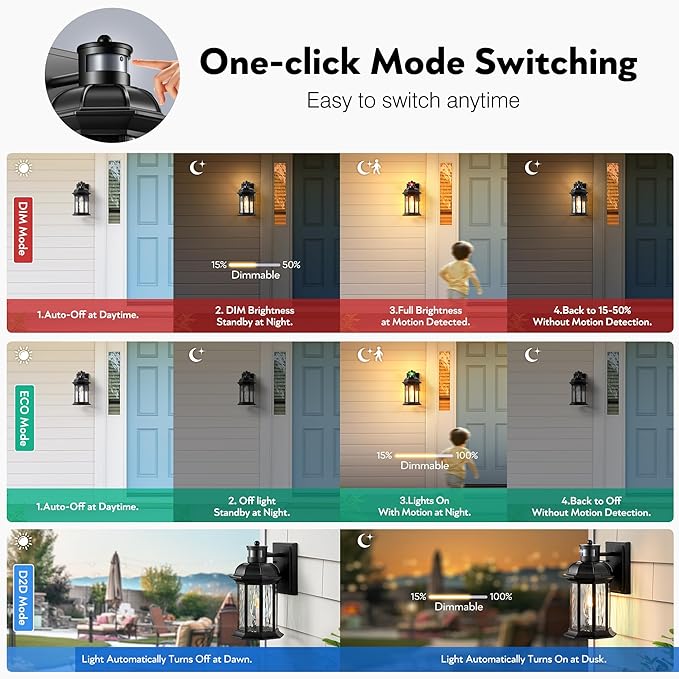 VIANIS Motion Sensor Outdoor Wall Lights, 2-Pack Black Outdoor Light Fixture, Exterior Lights for House, Front Porch Light Lantern Wall Mount Sconce Lighting, Dusk to Dawn Outside Lights for Patio