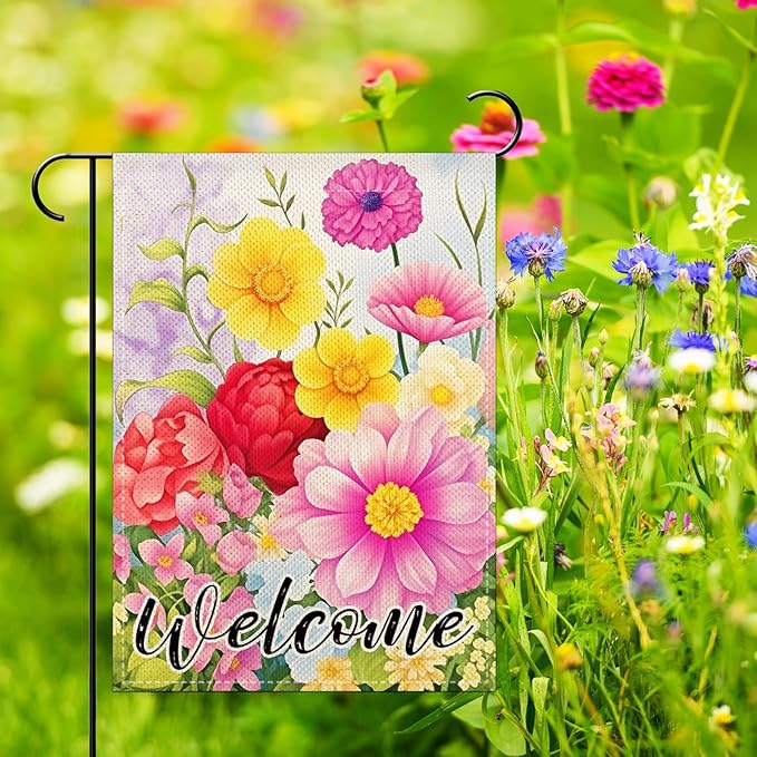 Welcome Spring Floral Garden Flags 12x18 Inch double sided,Seasonal Flowers Yard Holiday Outdoor Burlap Garden Farmhouse Decor