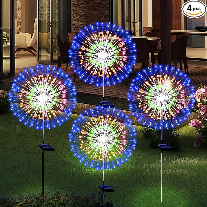 Solar Garden Firework Lights Outdoor Waterproof 4 Pack Solar Powered Art Stake Twinkle Outside Solar Lighting Upgrad 180 LED Sparklers Lights for Yard Party Decorations (Colorful)