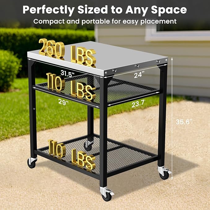Pizza Oven Table for Ninja Woodfire, Blackstone, Cuisinart, 32x24 Inch Stainless Steel Outdoor Grill Prep Cart with Hooks, Portable Food Station