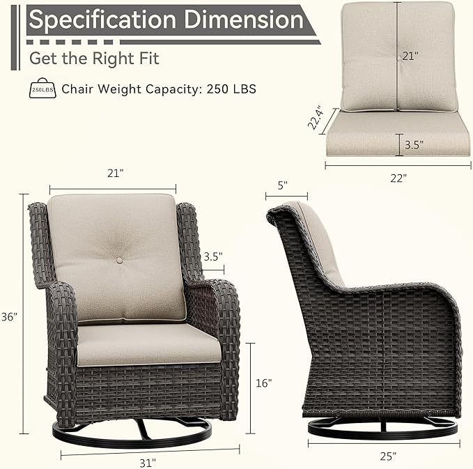 Outdoor Swivel Rocker Patio Chairs Set of 2 - Outdoor Wicker Patio Conversation Sets 2 Pieces with Olefin Fabric Cushions Suitable for Backyard Deck and Porch, Beige