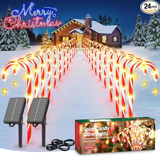 WdtPro Outdoor Christmas Decoration, 24 Pack 56FT Solar Powered 144 LED Bright Christmas Candy Cane Pathway Lights with Stakes, 10 Modes Waterproof Christmas Lights Outside Decorations for Yard Garden