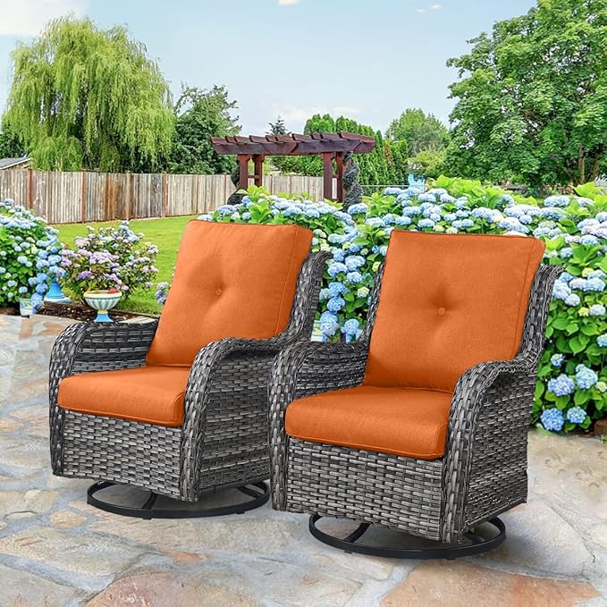 HUMMUH Outdoor Swivel Rocker Wicker Patio Chairs Set of 2, Rattan Rocking Chair Furniture Set(Grey,Orange)