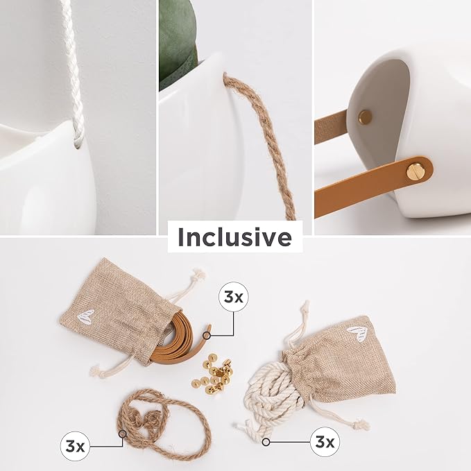 Wall Planters -Ellie- | Hanging Ceramic Plant Pots 3 Pieces | Wall Decoration for Indoors, Balcony and Garden | White (Glossy)