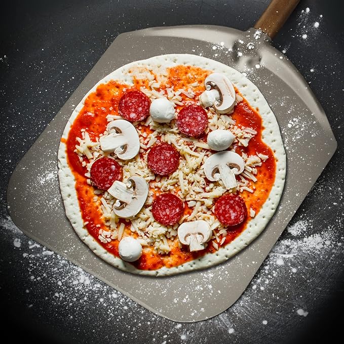 Q Pizza Aluminium 12" Pizza Peel with Long Handle, Pizza Spatula, Turning Paddle for Grill Oven, Kitchen Cooking Accessory for Baking Bread Pastry Dough Pie & Cake, PT202