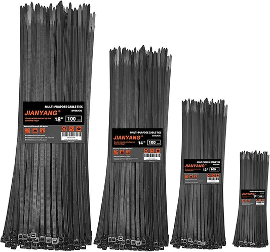 Zip Ties Assorted Size,8+12+14+18 Inch Double Sided Toothed,100 LBS Tensile Strength Heavy Duty Cable Wire Ties With Self-Locking Adjustable More Durable Nylon Tie Wraps for Indoor Outdoor（400 Pack）
