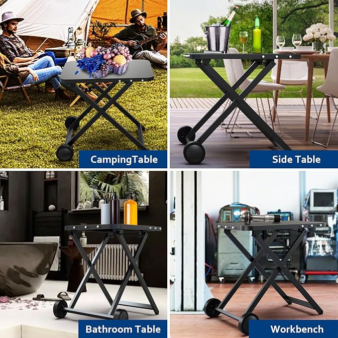 Portable Grill Table, Outdoor Prep Table with 2 Wheels, Pizza Oven Cart for Ninja Woodfire, Ninja Woodfire XL Pro, Weber Q, Ooni Table Top Grill, Folding Grill Cart for Picnic, Camping, RV