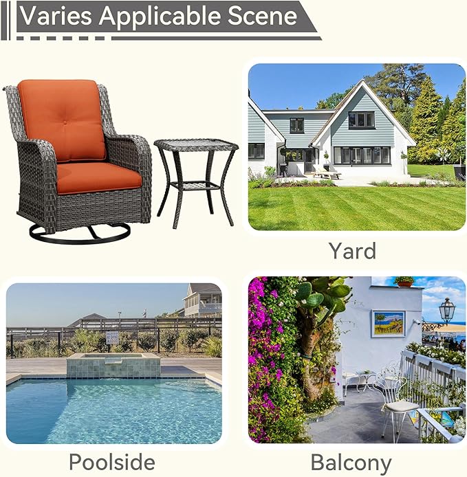 2 Pieces Outdoor Swivel Rocker Patio Chairs Set - Outdoor Wicker Patio Conversation Sets with 1 Side Table, Olefin Fabric Cushions Suitable for Backyard Deck and Porch, Orange