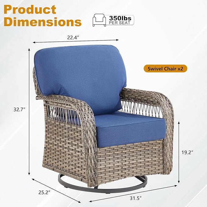 Outdoor Swivel Rocker Chairs - Patio Rocking Chairs Set of 2, Wicker Patio Set with 5" Thick Cushion, Rattan Patio Swivel Rocking Chairs for Porch, Deck, Backyard Blue/Gray