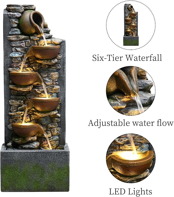 39" Outdoor Garden Water Fountain with Lights 5 Tiers Cascading Large Waterfall Floor Standing Fountain for Patio, Backyard, Deck, Porch and Home Art Decor