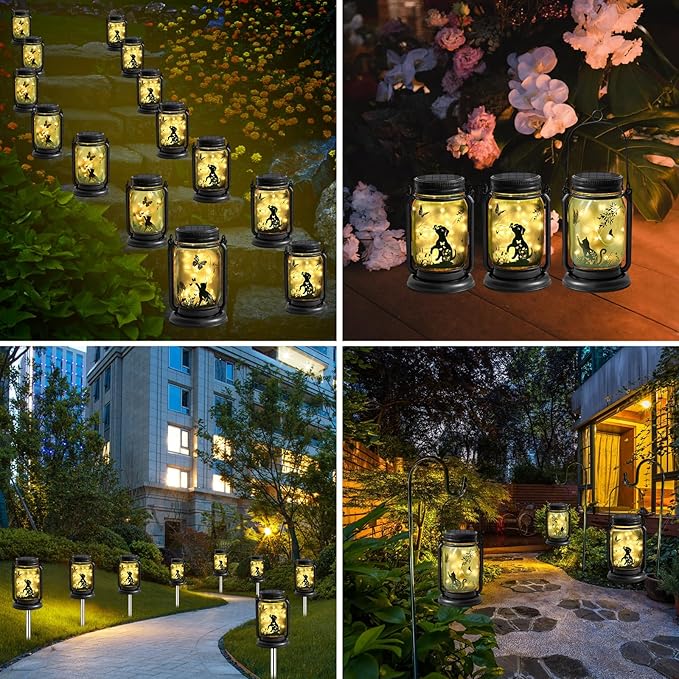 YJFWAL Solar Cat & Butterfly Lanterns Outdoor Waterproof - Cat Lover Unique Birthday Mothers Day Gifts for Women Mom Grandmom , LED Hanging Mason Jar Fairy Lights for Garden Yard Patio Decor