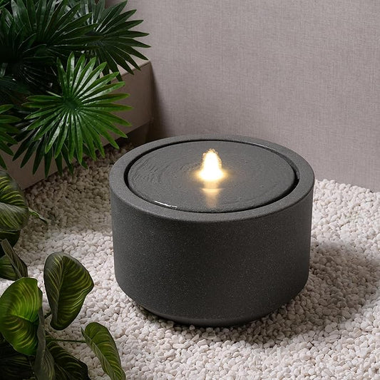 10.23” H Outdoor Water Fountain Made with Eco-Friendly Recyclable Materials, Polyethylene Round Bubbler Outdoor Fountain, Garden Decor with LED Light for Patio, Porch, Backyard