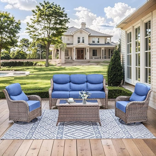 HUMMUH 6 inch Thick Cushion Wicker Patio Furniture Set with Outdoor Swivel Rocker Patio Chairs,High Back Outdoor Couch and Coffee Table for Porch Garden Deck