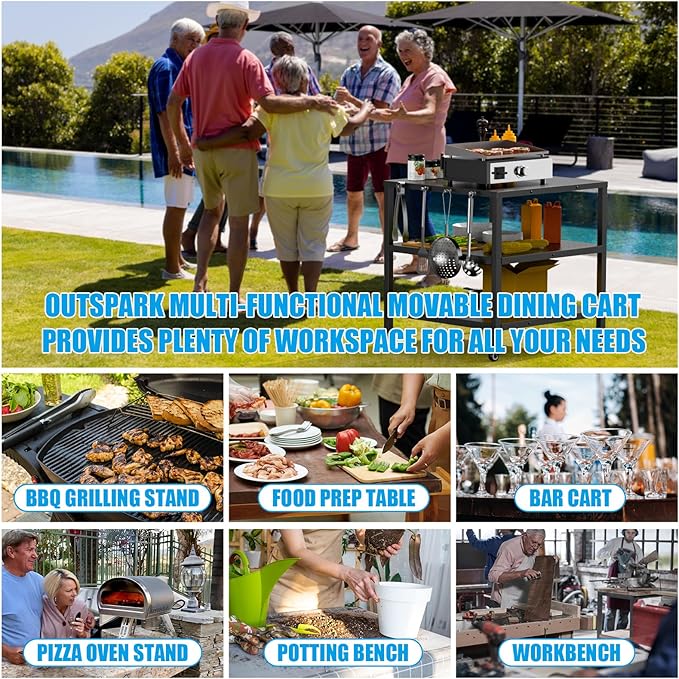 31x31x33 Inch Grill Cart for Outdoor Pizza Oven Table for Ooni, Blackstone, Ninja Grill Stand, Three-Shelf Movable Food Prep and Work Cart Station, Stainless Steel Trolley Table with Waterproof Cover