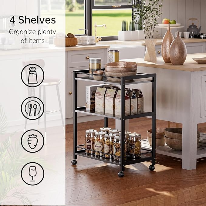 HITNET Bar Cart Black, Serving Cart for Home, 3 Tier Drinks Cart with Wheels, Rolling Beverage Cart for Kitchen Dining Living Room