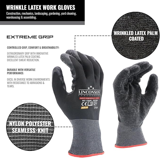 linconson 12 Pack Safety Performance Series Construction Mechanics Wrinkle Latex Work Gloves