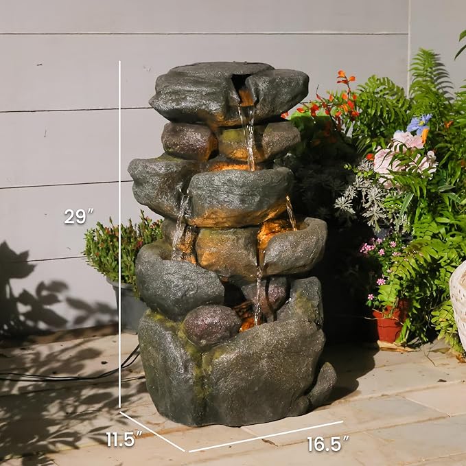 Outdoor Water Fountain 4-Tiers Rock Cascading Indoor Floor-Standing Resin Bubbler Fountain Features Garden, Patio, Yard, Lawn and Home Art Decor, 29“H
