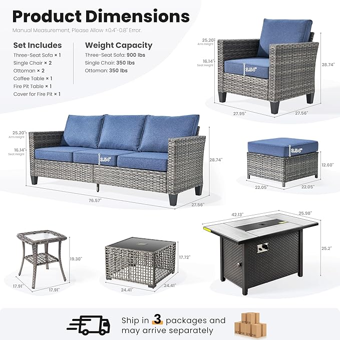 ovios 7 Pieces Patio Furniture Set with 42" Fire Pit Table, Outdoor Sofa Couch with Solar Lights Table Comfy Cushions, Modern Deep Seat Wicker Rattan Conversation Set, Denim Blue