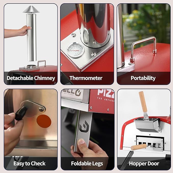 Outdoor Wood Fired Pellet Pizza Oven - 16" Stainless Steel with Carry Bag, Pizza Stone, Cutter, Peel - Red