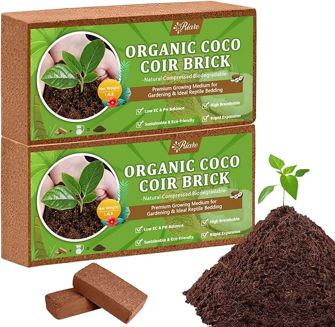 Riare 2pcs Organic Coco Coir Bricks Soil Blocks- 100% Natural Compressed Coco Peat Brick Coconut Fiber Substrate with Low EC& pH Balance, High Expansion Coco Coir Pith Coconut Husk for Garden