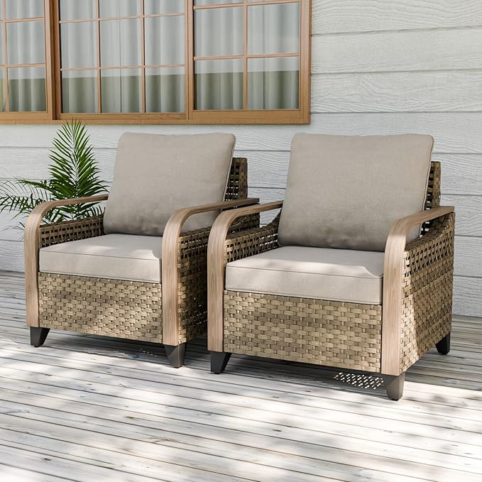EAGLE PEAK Modern Wicker Outdoor Chair, Patio Chair Curved Armrest, Rattan Patio Furniture for Yard Deck Porch Garden, 2 Chairs, Brown/Gray