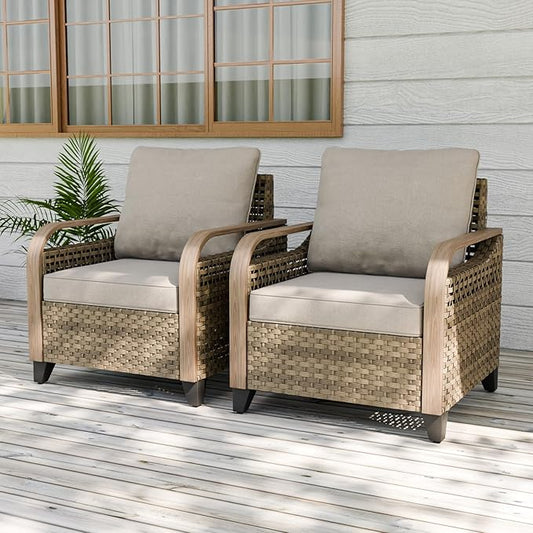 EAGLE PEAK Modern Wicker Outdoor Chair, Patio Chair Curved Armrest, Rattan Patio Furniture for Yard Deck Porch Garden, 2 Chairs, Brown/Gray