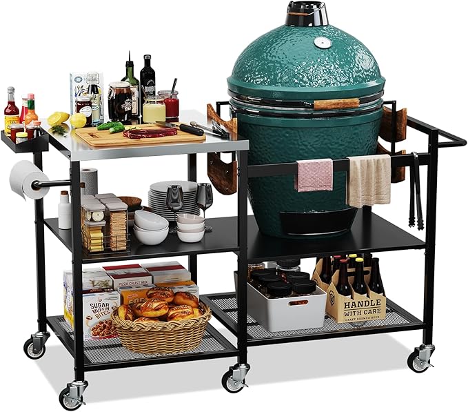 TC-HOMENY Grill Table for Big Green Egg Stand, Metal Cooking Table Stand with Wheels, Heavy Duty Outdoor Movable Style BBQ Grill Cart, Grill Holder Compatible with Large Big Green Egg and Other Models