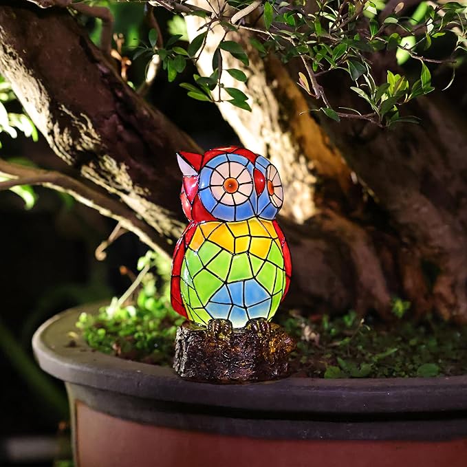 Solar Owl Garden Statues,Owl Decor for Outdoor,Resin Colorful Owls Figurine with Solar Light for Patio,Balcony,Yard,Lawn Ornament,Perfect Garden Gift