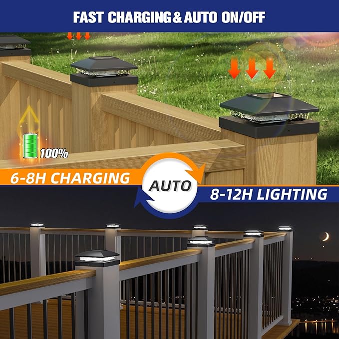 APONUO Solar Post Cap Lights for 4x4 Wood & Vinyl Posts, IP44 Waterproof Cool White LED 4x4 Post Solar Lights, Outdoor Garden Patio Yard Decor, 8 Pack (Black)